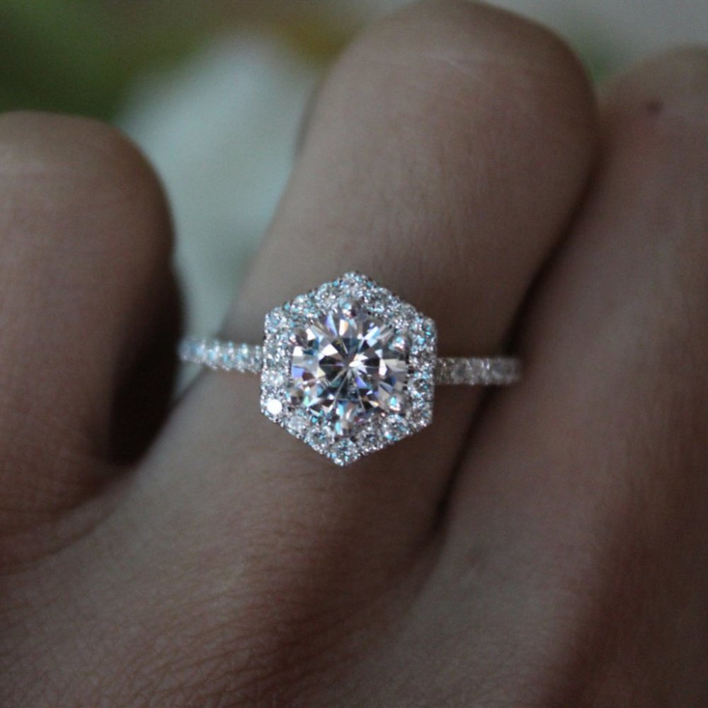 NEW 925 Sterling Silver Diamond Hexagon Halo Ring